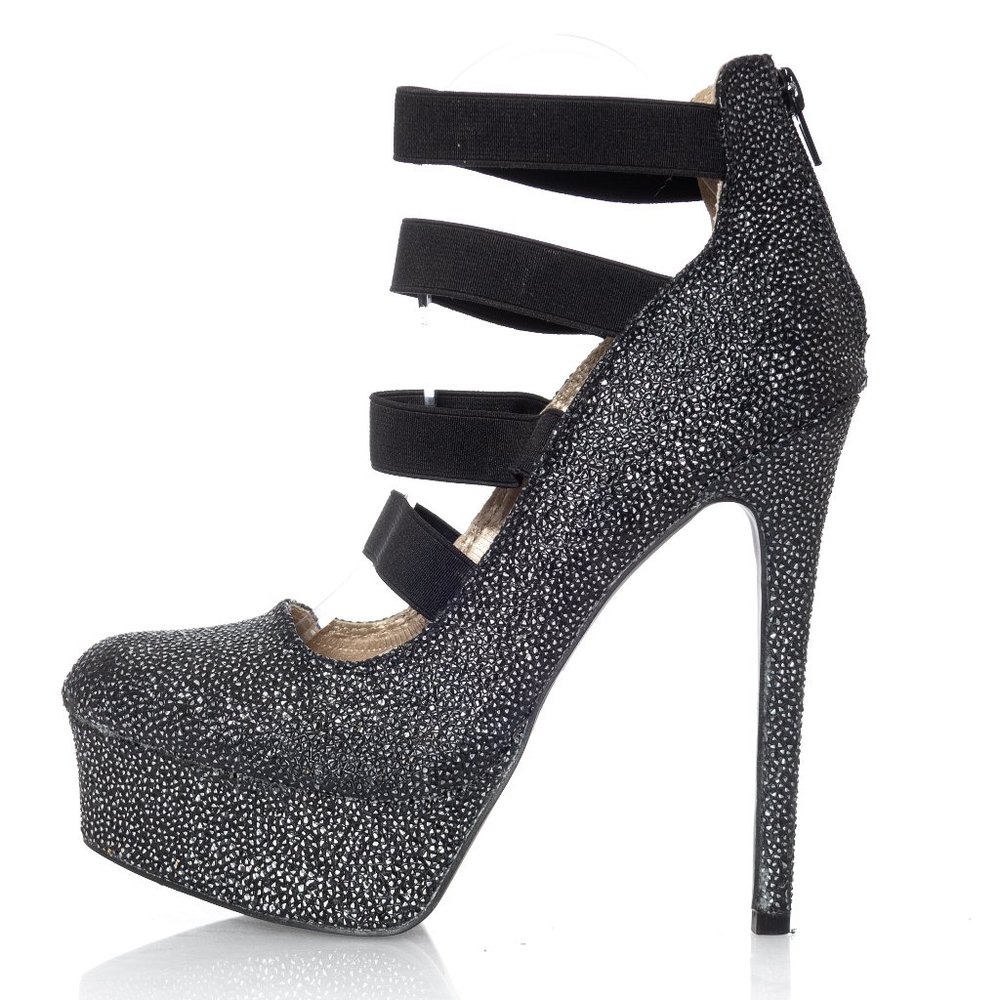 Qupid Black Metallic Platform Caged Stiletto Pumps Size 8